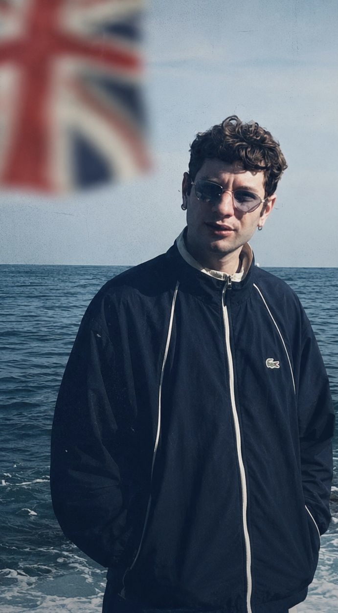 Young man with curly hair stands by the sea, wearing a black jacket, with a blurred Union Jack flag in the background.