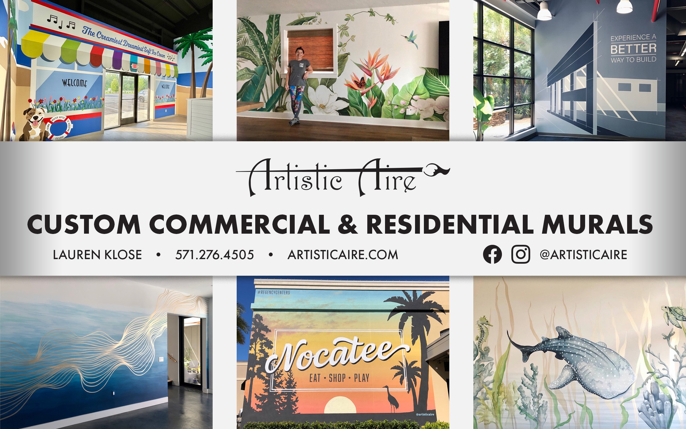 Collage of commercial and residential murals, including storefront, nature, ocean, and tropical scenes, with contact information for Artistic Aire.