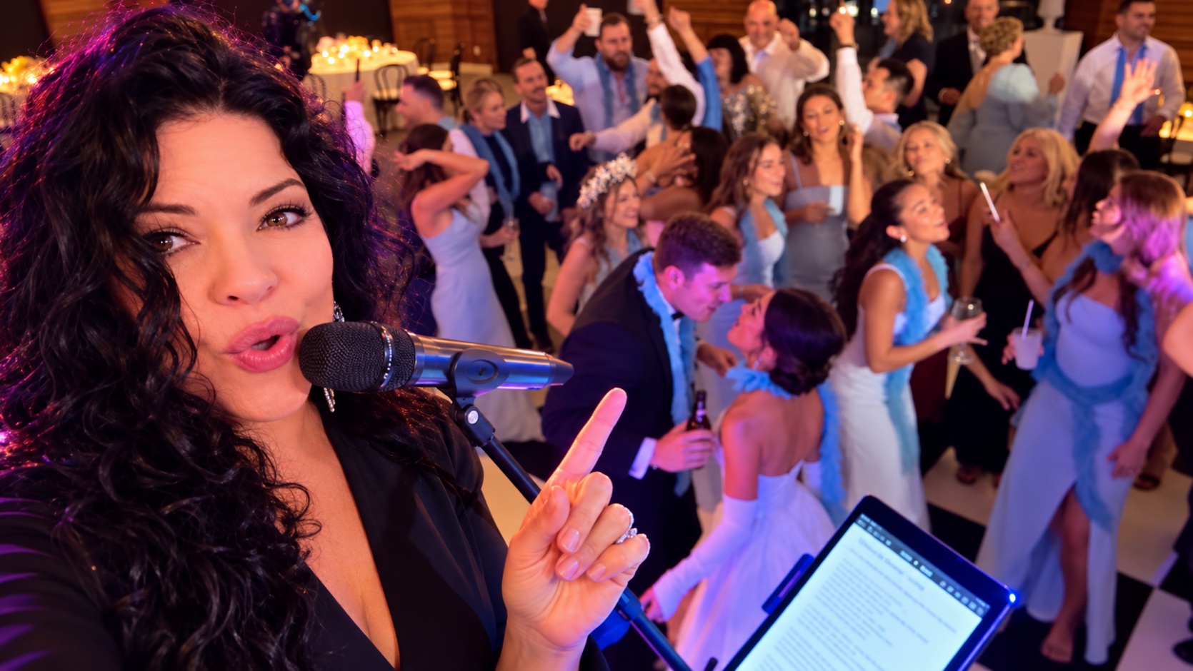 Woman singing into a microphone at a lively party with dancing guests in the background.