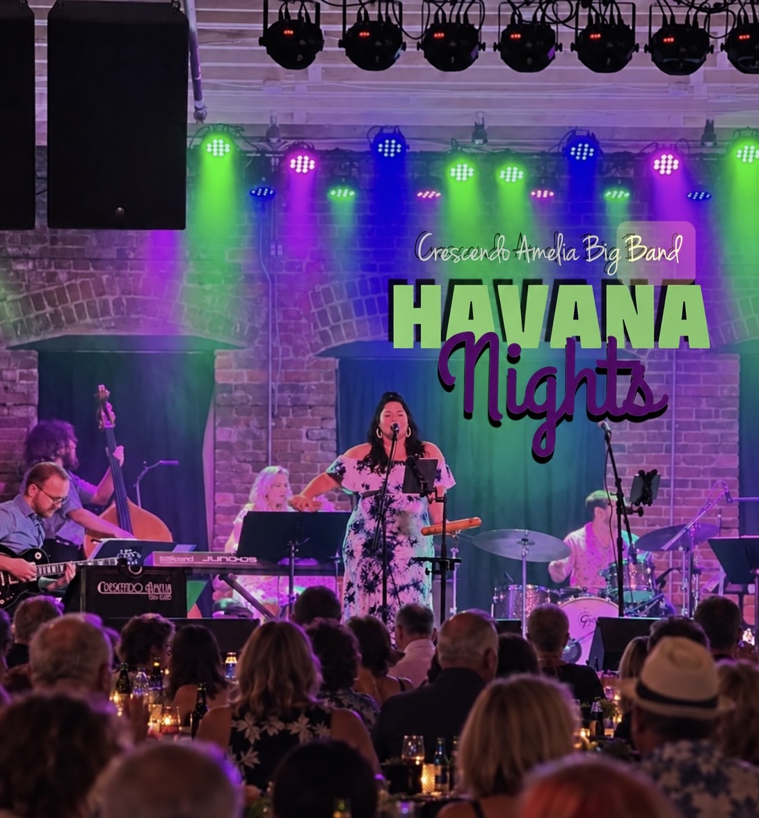 Band performs on stage with colorful lights, audience seated, and a banner reading 'Havana Nights'.