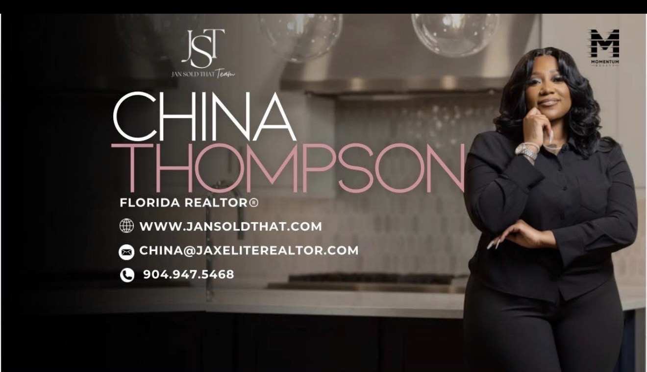 Business card with name China Thompson, real estate contact info, and a woman in black jacket smiling.